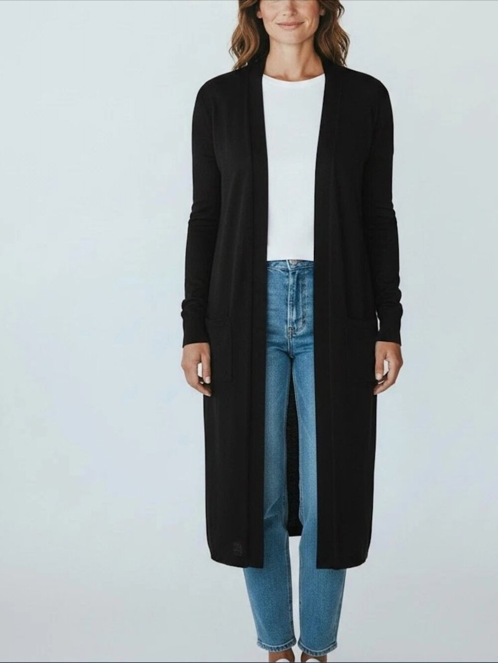 Magaschoni Black Ribbed Longline Duster Sweater Slits Cardigan Women's S / P